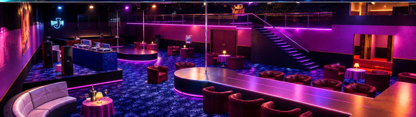 Salle du Vanilla Unicorn : scène, pole et fauteuils sous les néons